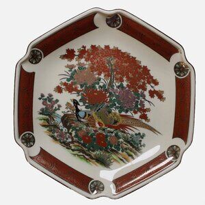 Vintage Asahi Seizan Gama Japanese Imari Porcelain Hexagon Dish Plate Gold Trim